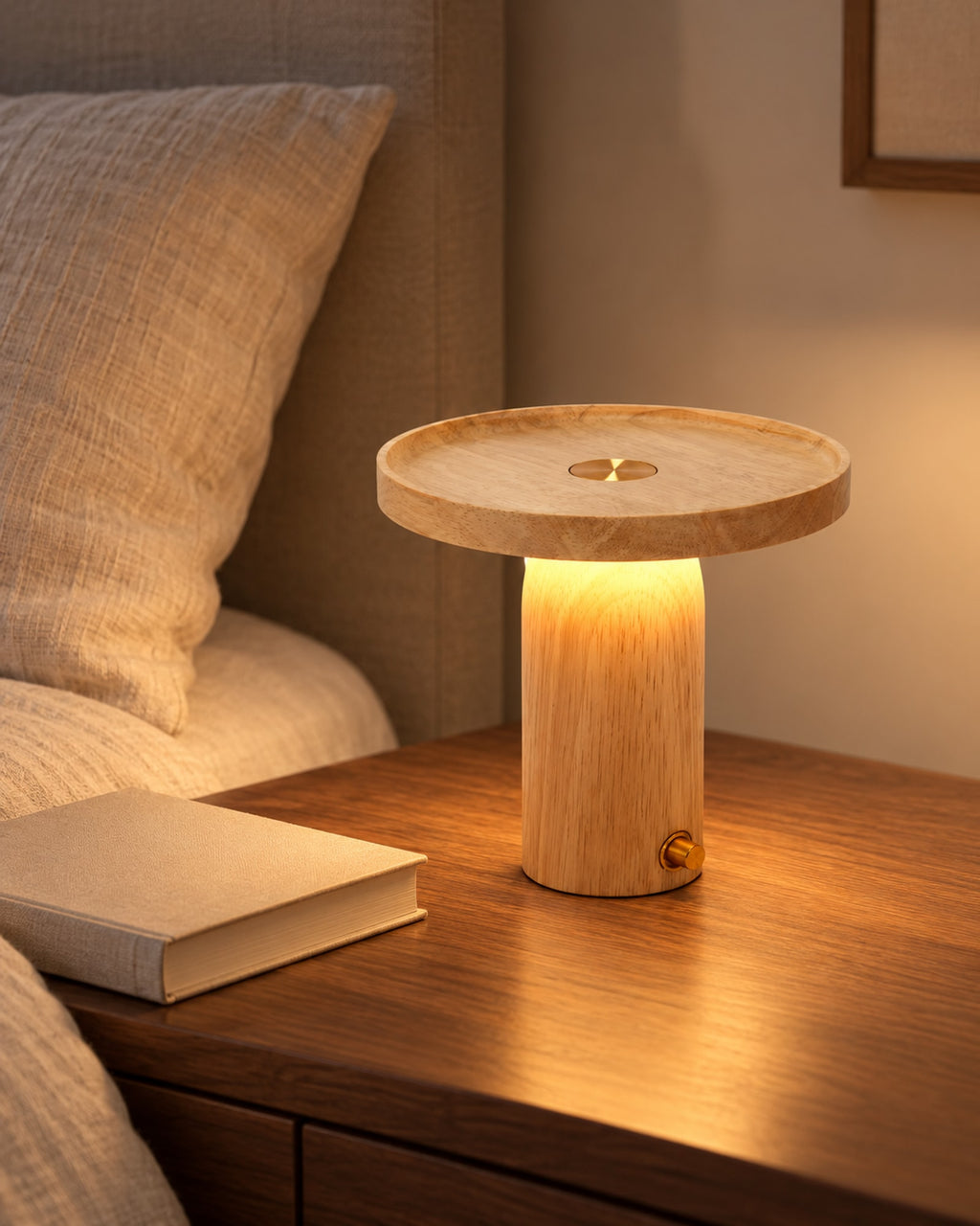 Wooden lamp glowing on a walnut bedside table beside a linen bed. Book not included.
