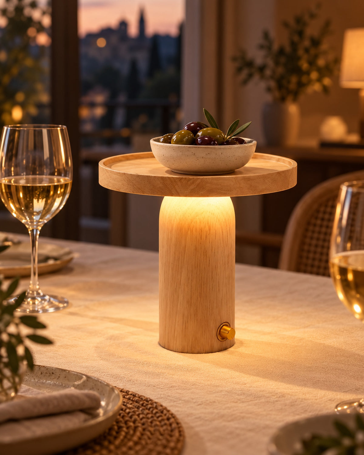 Wooden lamp on a dining table at dusk with a bowl of olives on its top. Accessories not included.