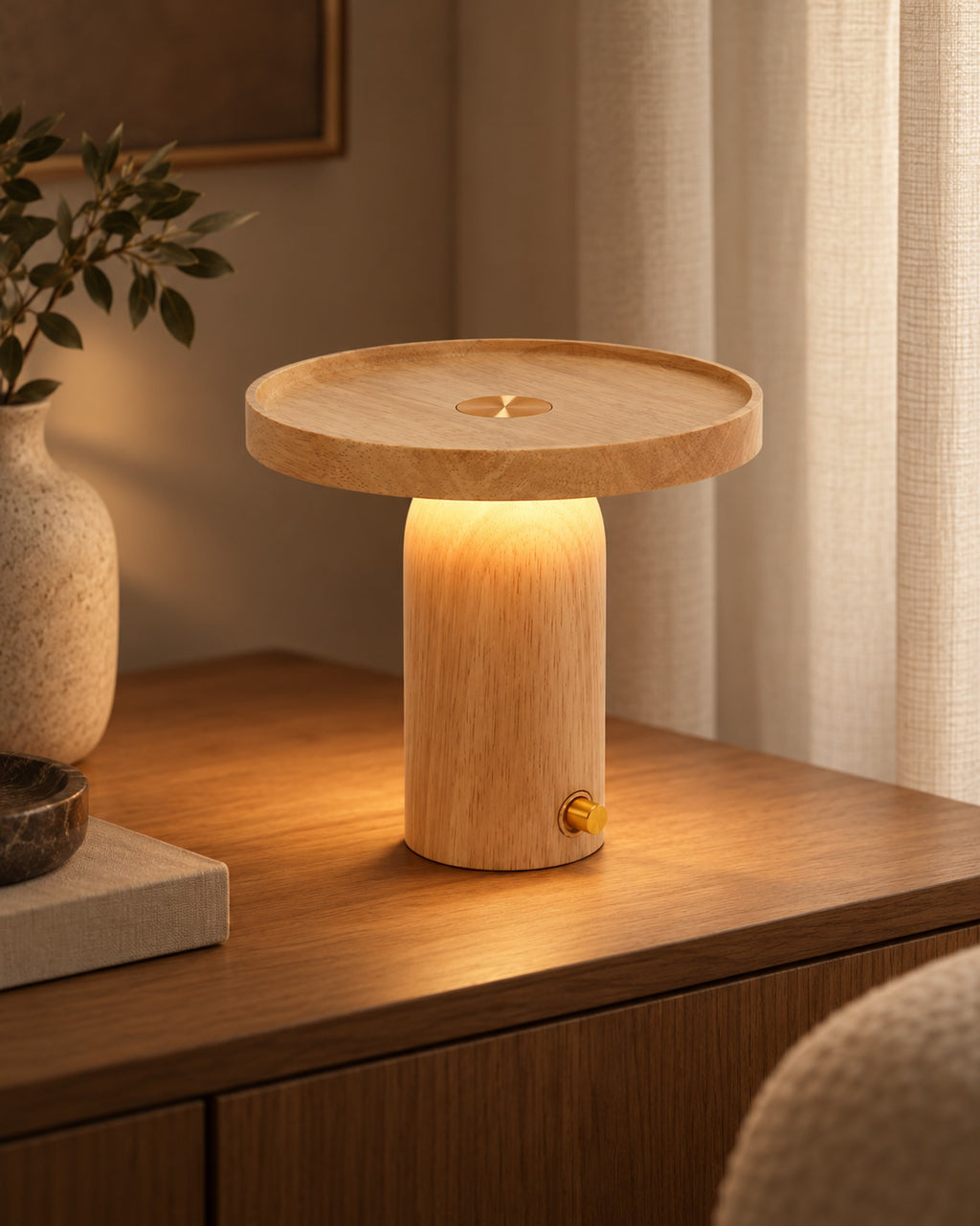 Wooden lamp glowing on an oak sideboard in a dim living room.