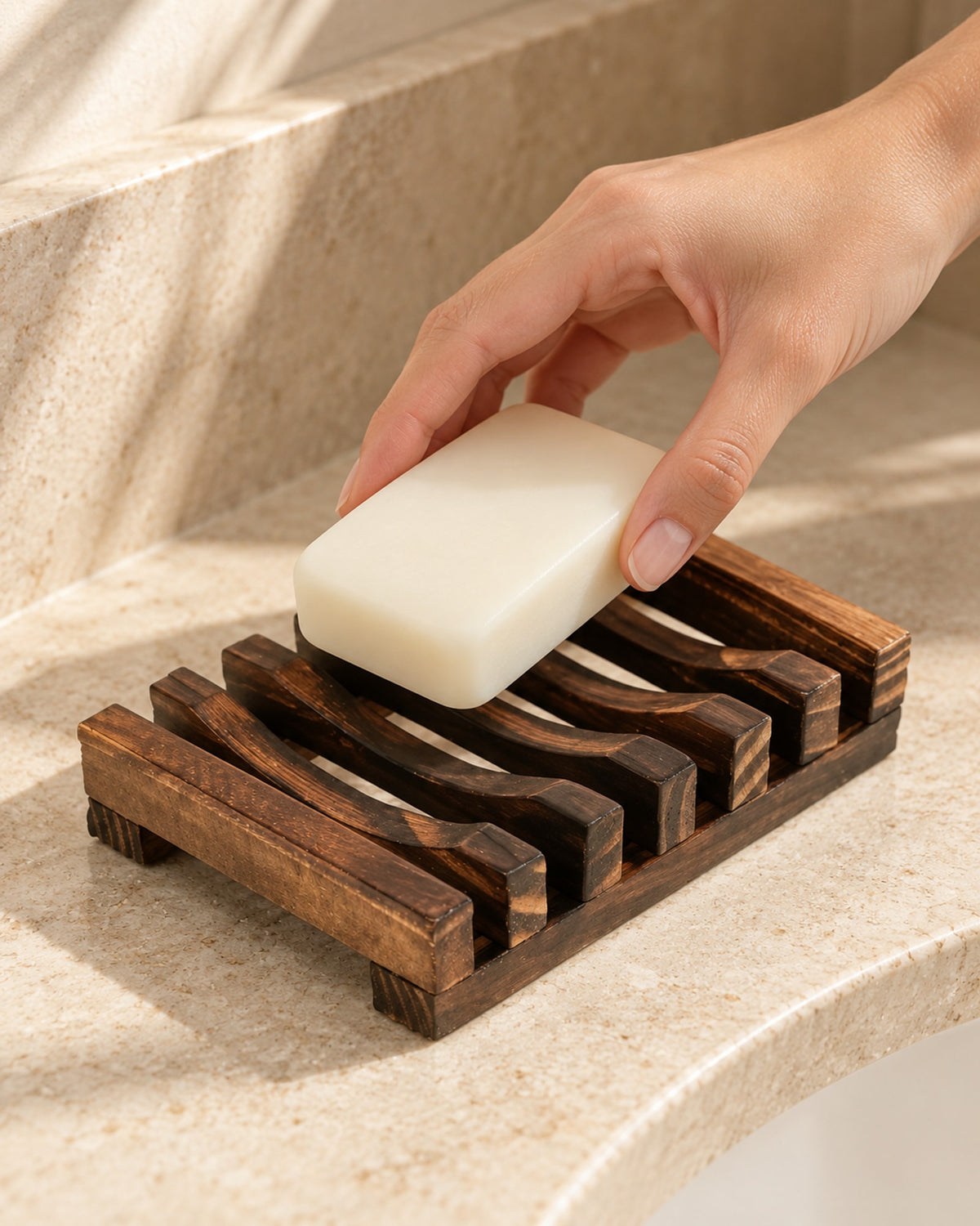 Hand placing a bar of soap on the wooden soap dish.