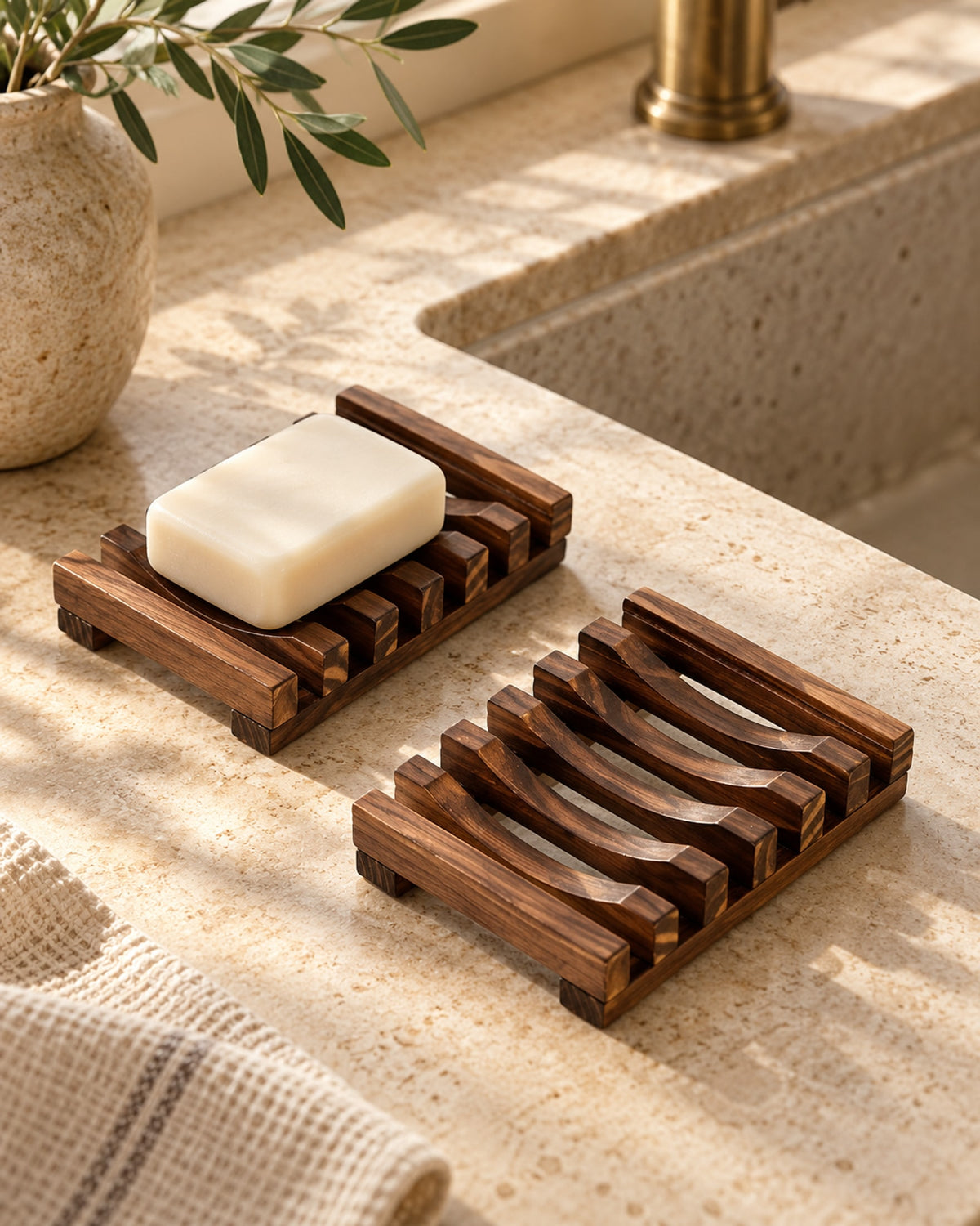 Wooden soap dish with soap beside a kitchen sink. Soap not included.