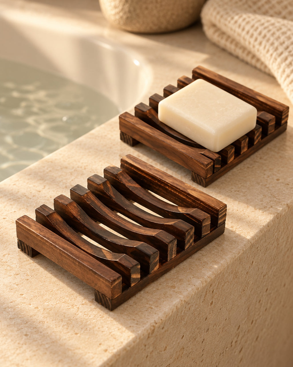 Wooden soap dish on the edge of a bath in evening light. Soap not included.
