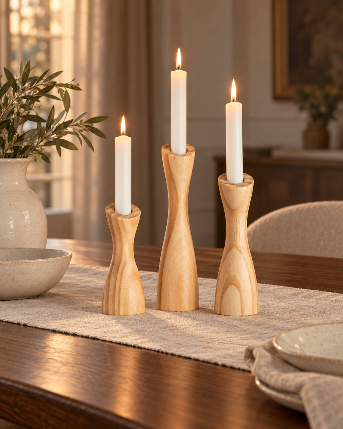 Wooden candle holders with lit tapers on a walnut dining table. Candles not included.