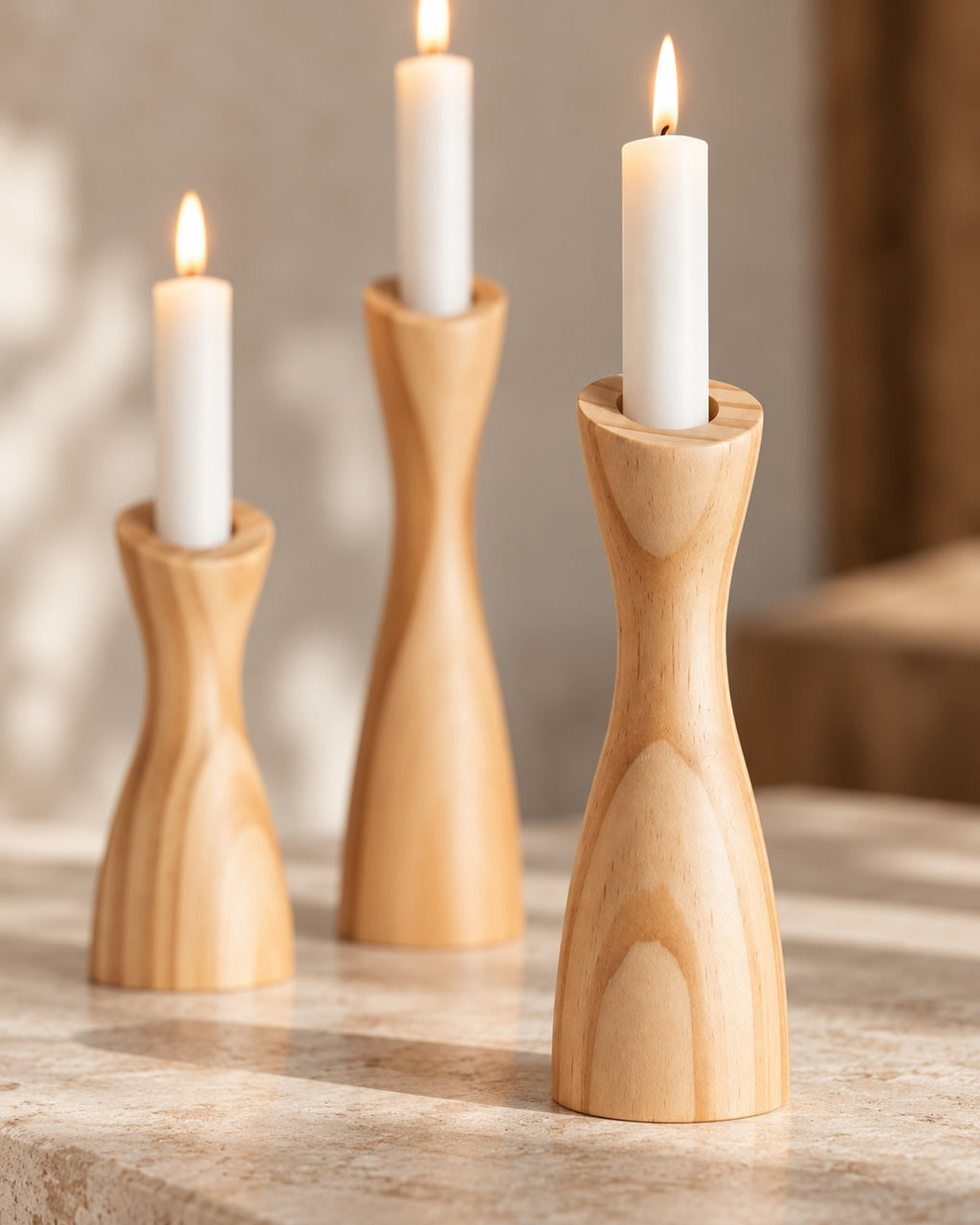 Close-up of the turned wood grain and curved profile of a candle holder.