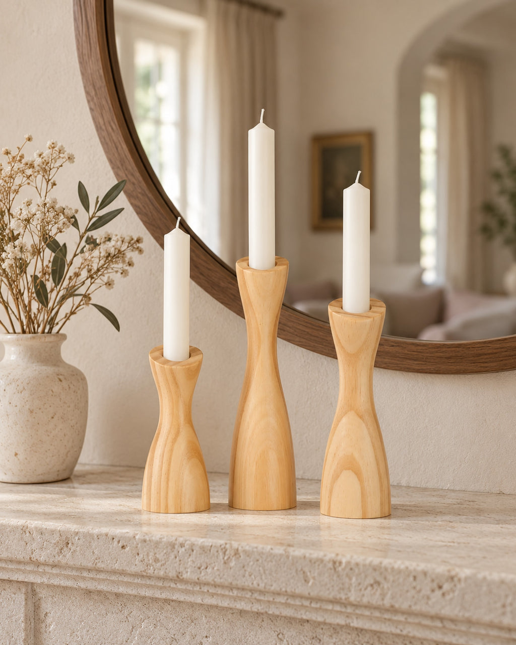 Wooden candle holders on a stone mantelpiece with a round mirror. Candles not included.