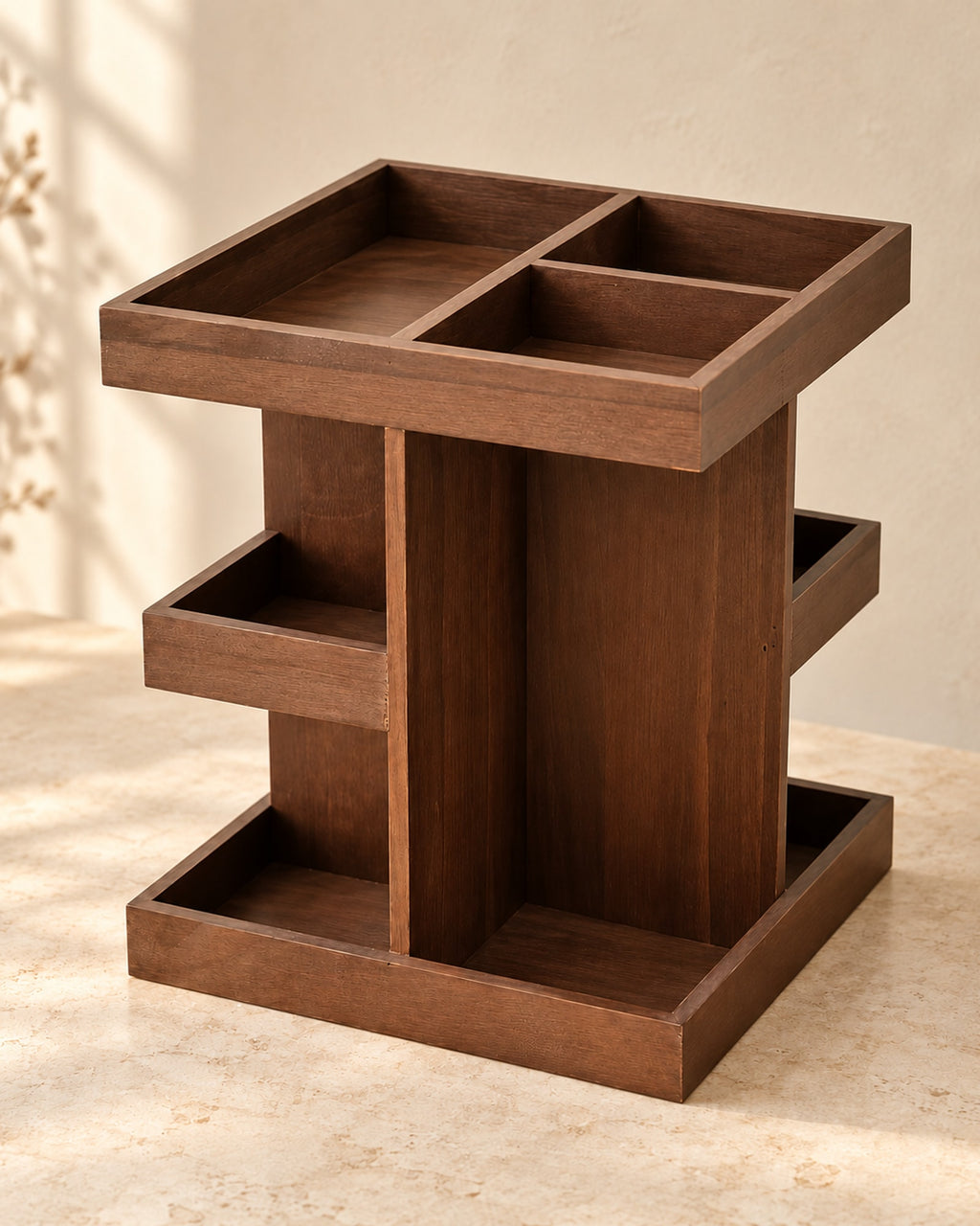 Empty square wooden organiser in a warm brown finish with a divided top tray, side shelves and an open base tray.