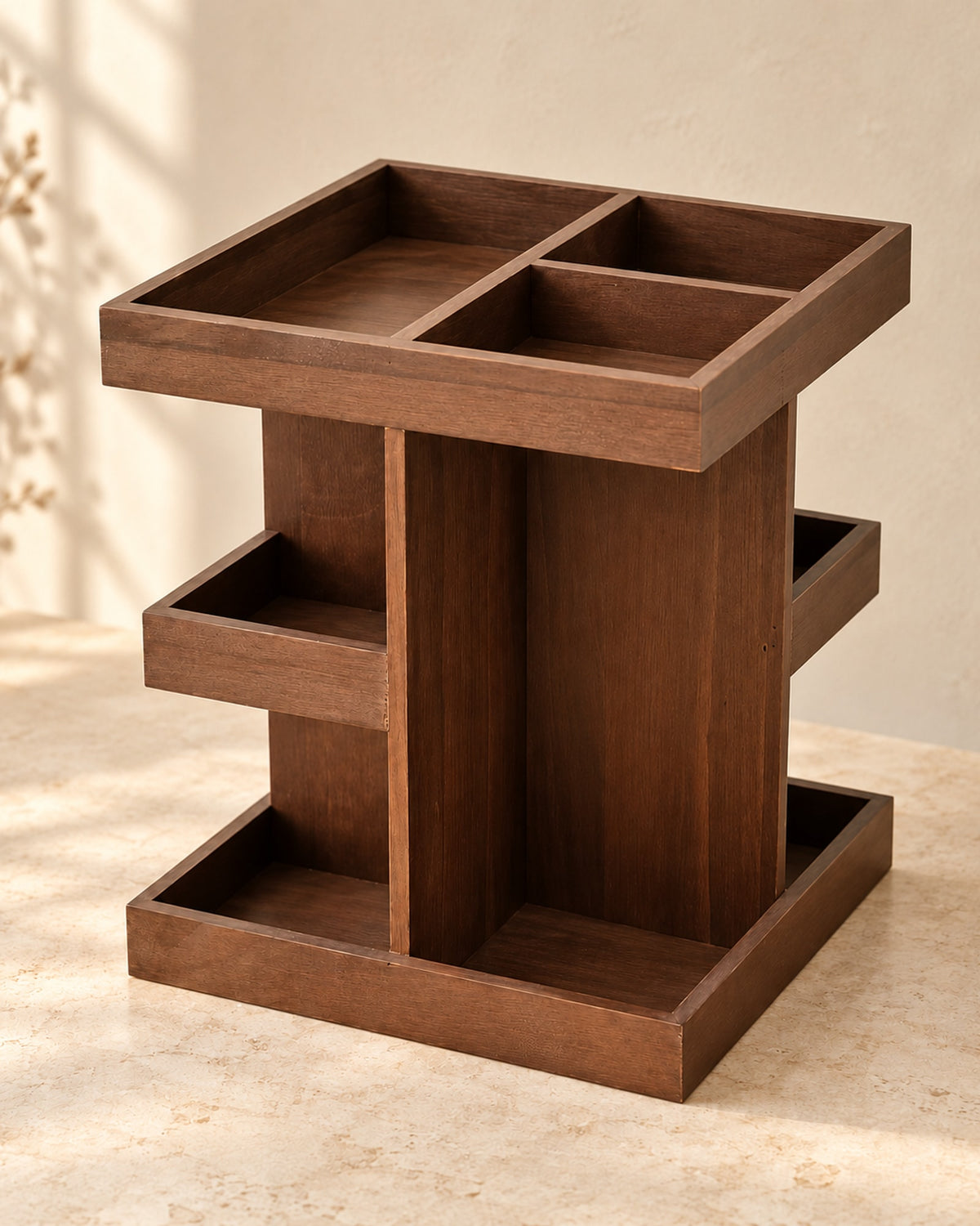 Empty square wooden organiser in a warm brown finish with a divided top tray, side shelves and an open base tray.