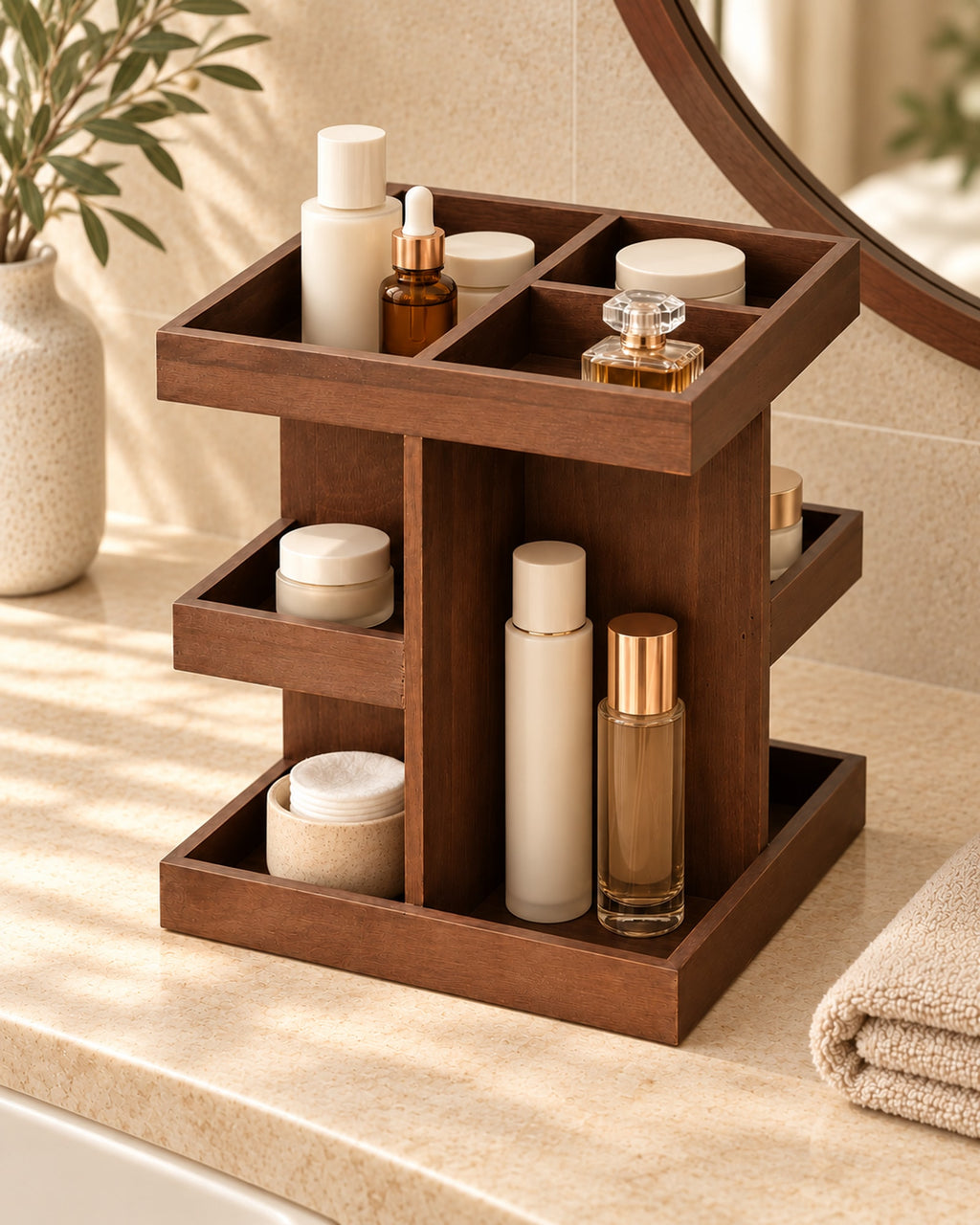 Wooden organiser on a stone bathroom counter holding creams, bottles and cotton pads beside a folded towel. Accessories not included.