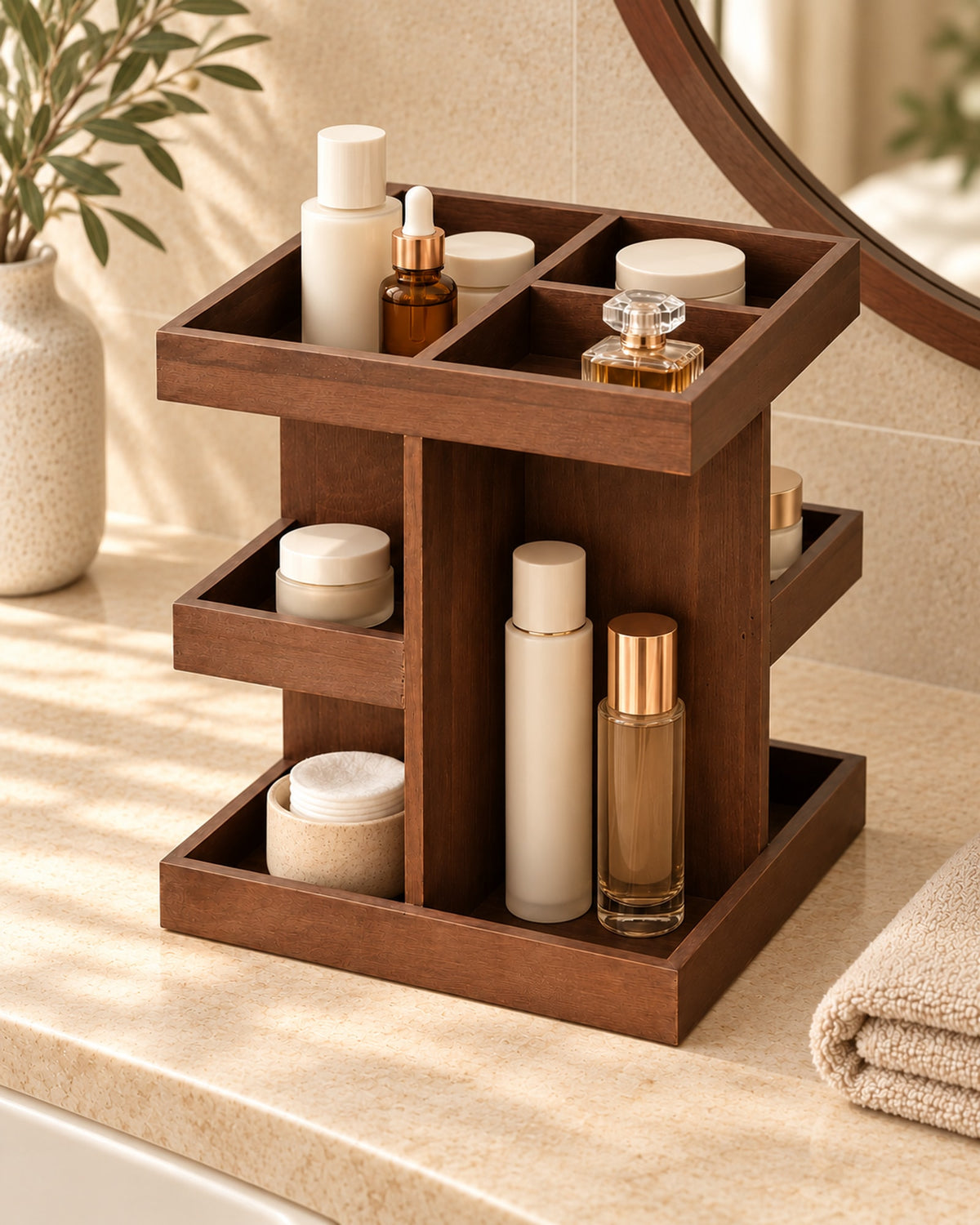 Wooden organiser on a stone bathroom counter holding creams, bottles and cotton pads beside a folded towel. Accessories not included.