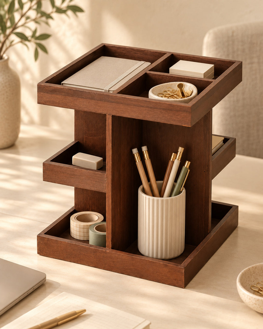 Wooden organiser on a desk holding a notebook, pencils in a ceramic cup, washi tape and paper clips. Accessories not included.