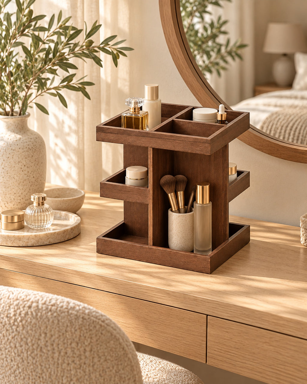 Wooden organiser on an oak dressing table with perfume, skincare and make-up brushes, a round mirror behind. Accessories not included.