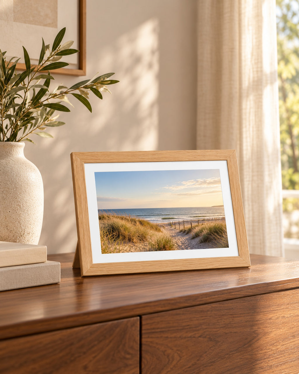 Wooden photo frame on a walnut sideboard showing a seaside photo.