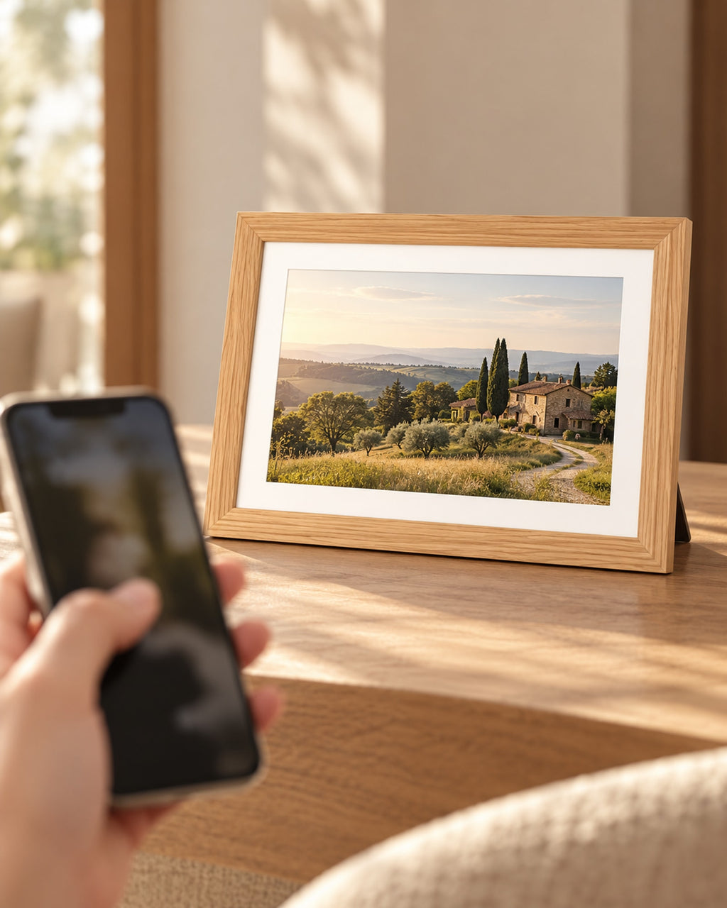 Hand holding a phone while the wooden photo frame on the table shows a landscape.