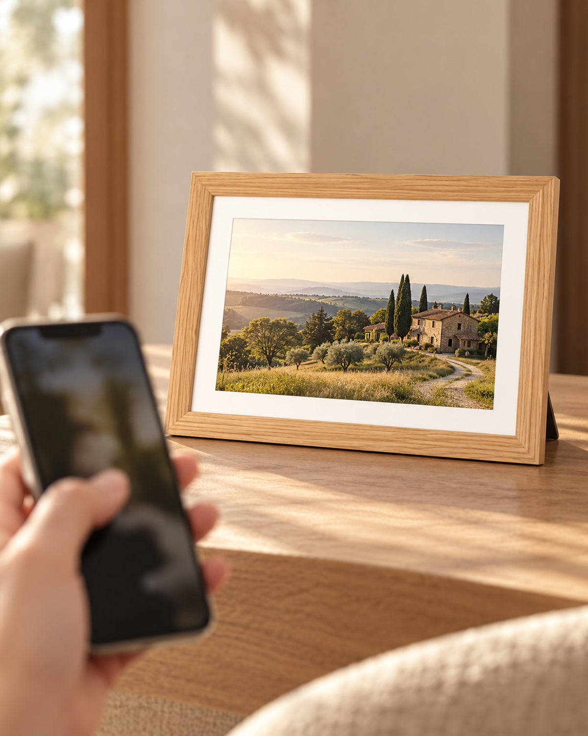 Hand holding a phone while the wooden photo frame on the table shows a landscape.