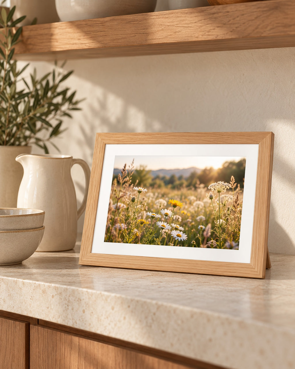 Wooden photo frame on a kitchen shelf beside cream stoneware.