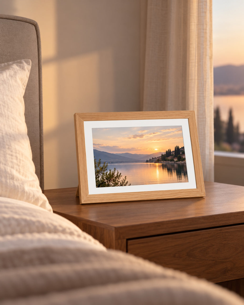 Wooden photo frame on a bedside table showing a calm lake.